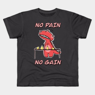 Funny Red T-Rex Practicing Handbells "No Pain, No Gain" Kids T-Shirt